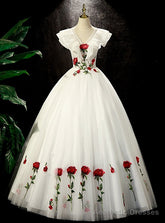White Tulle V-neck Rose Flower Quinceanera Dress